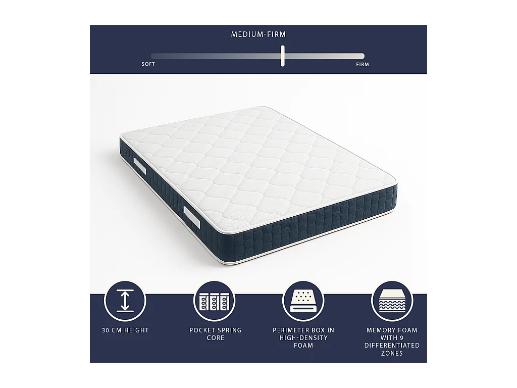Matelas double 160 X 190 Ressorts ensachés et Memory Foam | Hauteur 30 cm | Hypoallergénique | Médical | Italie