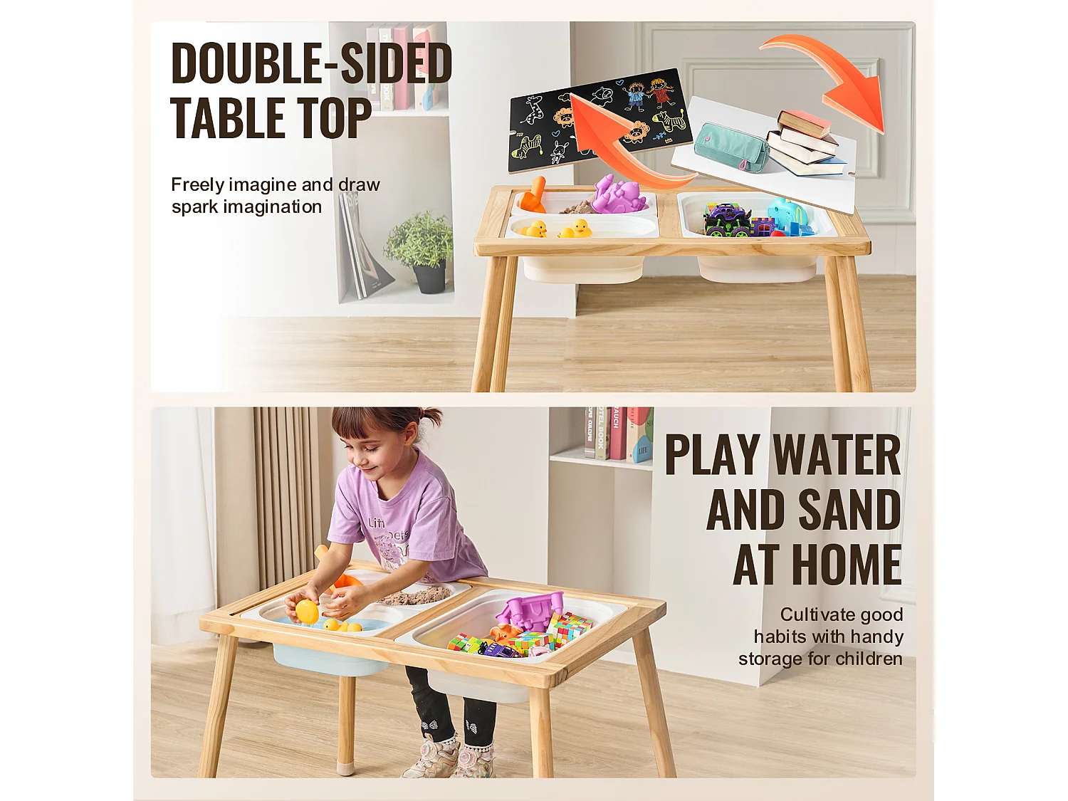 Table Sensorielle SucceBuy pour Enfants Table à Eau et Sable en Bois 3 Bacs - Développe la Créativité et les Sens des Jeunes Enfants