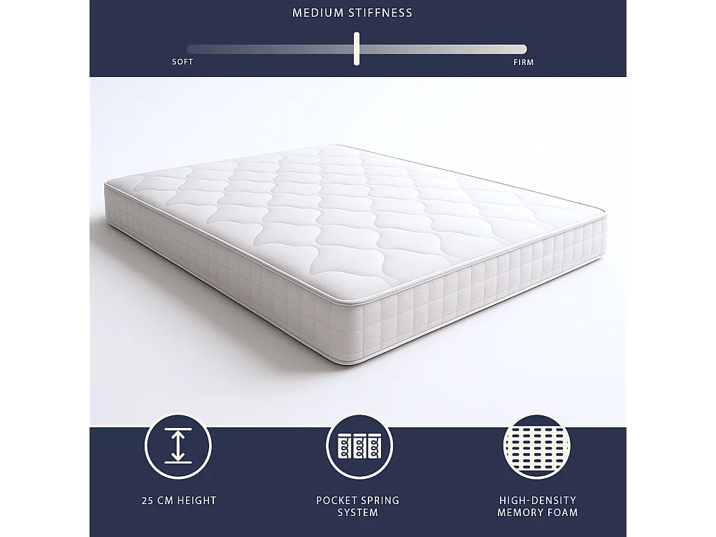 Matelas 140x190 ressorts ensachés + mémoire | H25 cm | Fabriqué en Italie