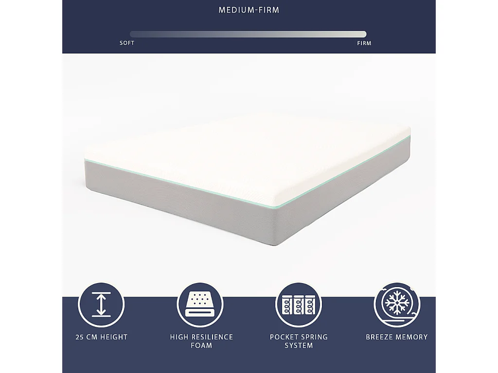 Matelas une place et demie 120x190 mousse mémoire Breeze & ressorts | H 25 cm | Certif. médical classe 1
