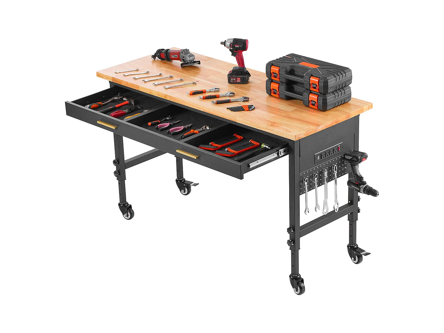 Tavolo di Lavoro Regolabile SucceBuy a Ruote, 152 cm, con presa di corrente e Cassetto