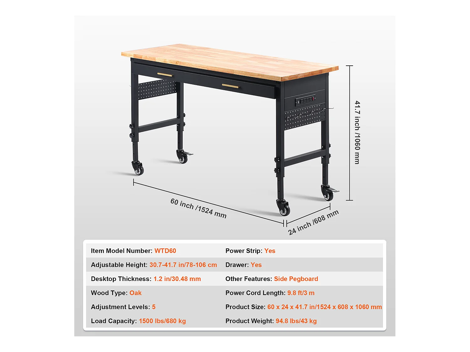 Tavolo di Lavoro Regolabile SucceBuy a Ruote, 152 cm, con presa di corrente e Cassetto