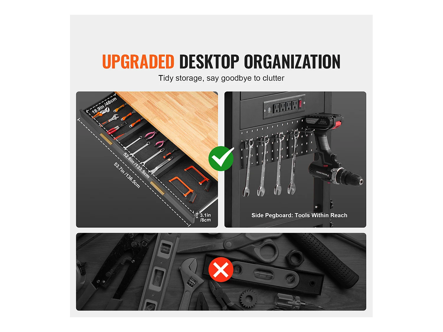 Tavolo di Lavoro Regolabile SucceBuy a Ruote, 152 cm, con presa di corrente e Cassetto