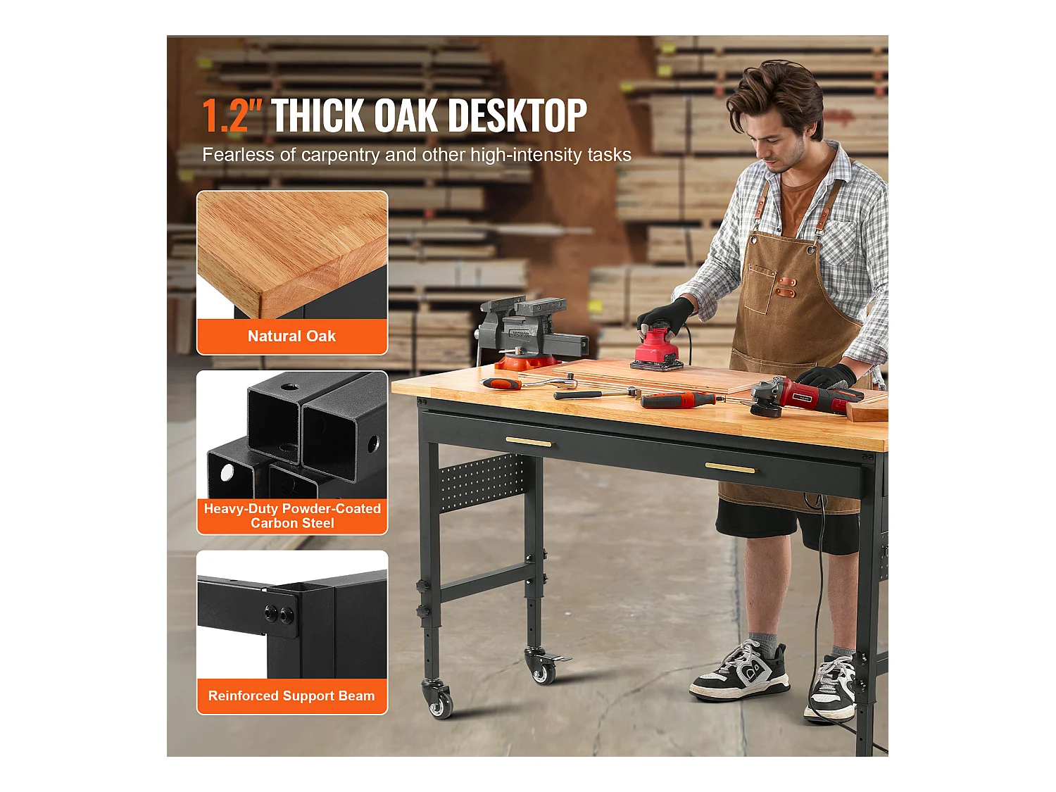 Tavolo di Lavoro Regolabile SucceBuy a Ruote, 152 cm, con presa di corrente e Cassetto