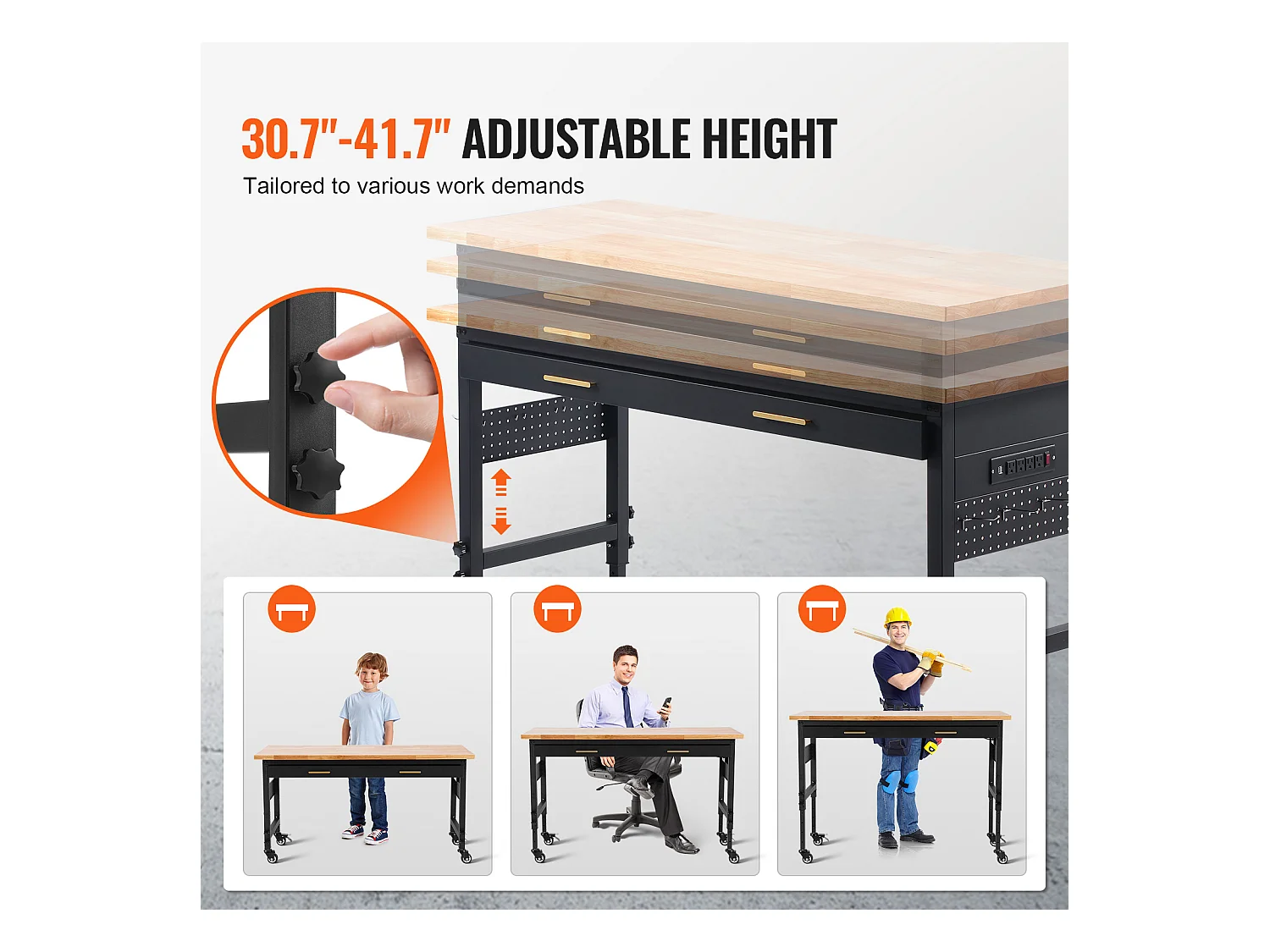 Tavolo di Lavoro Regolabile SucceBuy a Ruote, 152 cm, con presa di corrente e Cassetto
