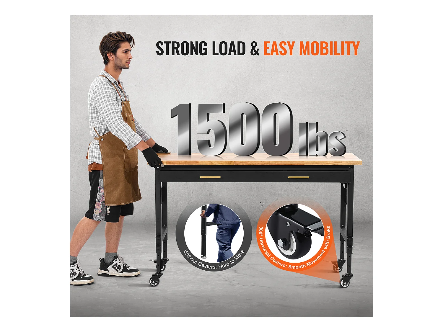 Tavolo di Lavoro Regolabile SucceBuy a Ruote, 152 cm, con presa di corrente e Cassetto