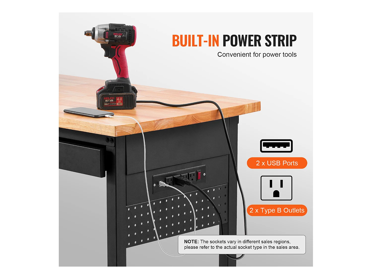 Tavolo di Lavoro Regolabile SucceBuy a Ruote, 152 cm, con presa di corrente e Cassetto