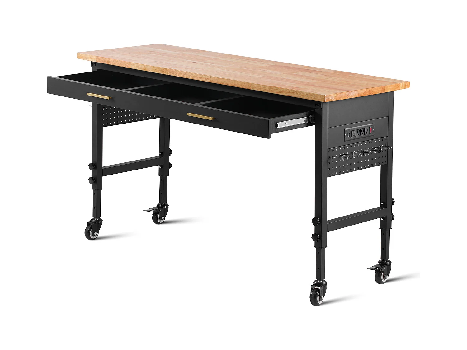 Tavolo di Lavoro Regolabile SucceBuy a Ruote, 152 cm, con presa di corrente e Cassetto