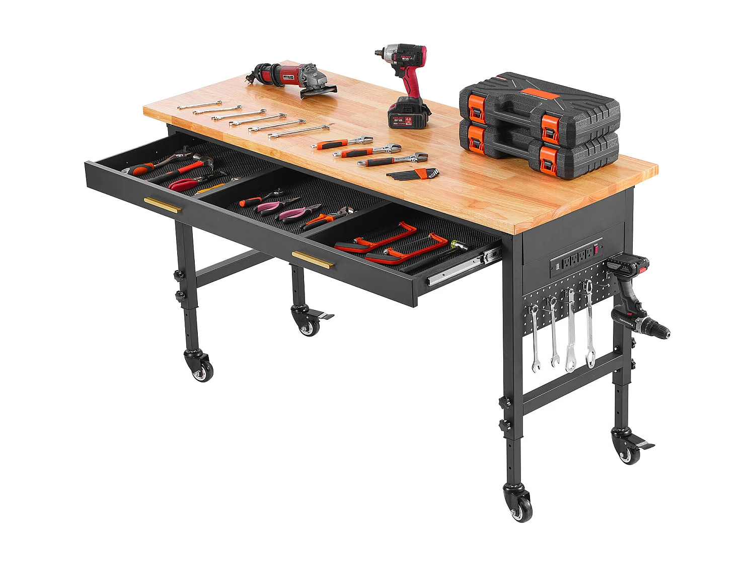 Verstellbarer Rollenarbeitsstisch SucceBuy, 152 cm, mit Steckdose und Schublade, für Büro, Haus, Garage