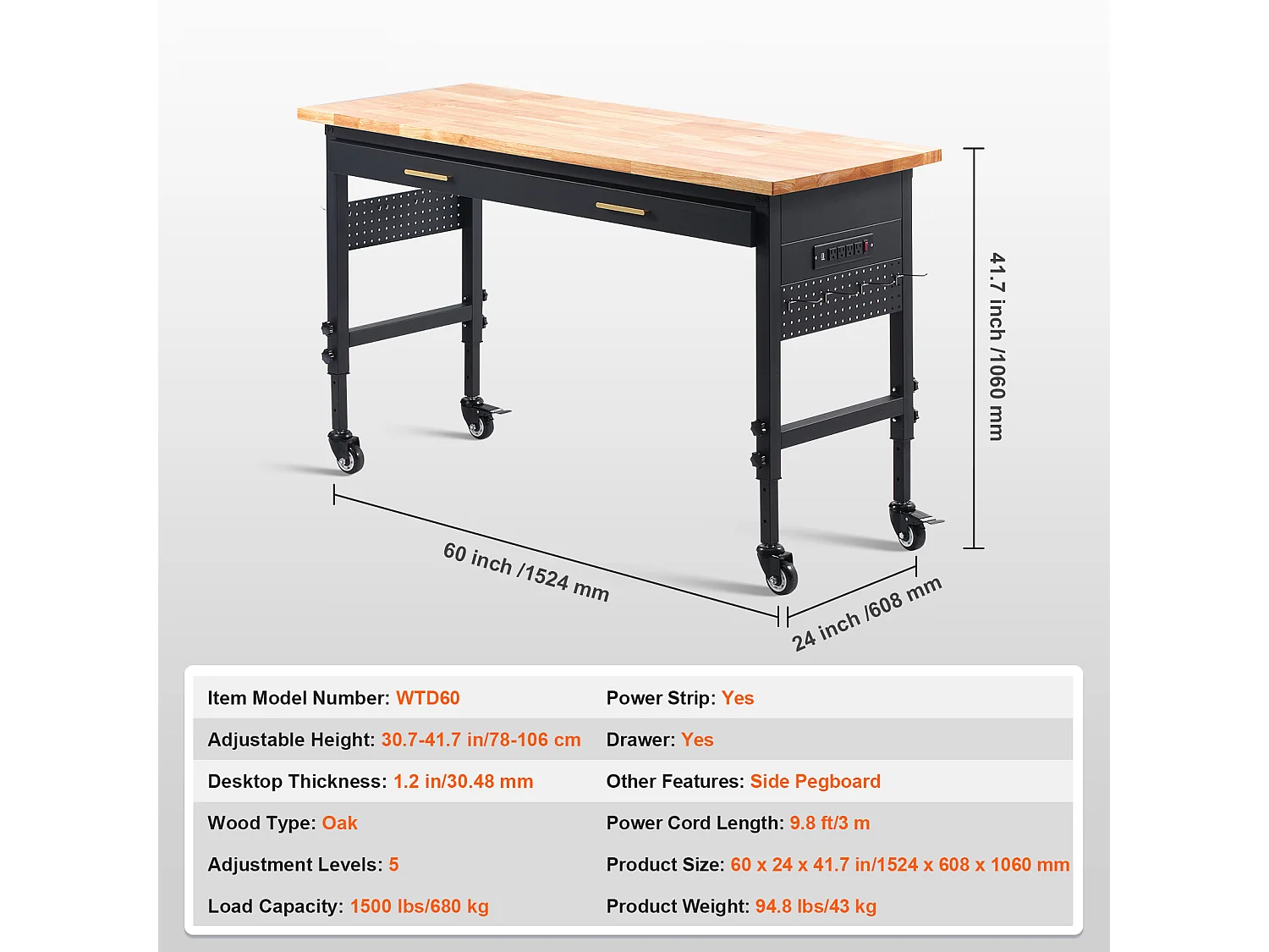 Verstellbarer Rollenarbeitsstisch SucceBuy, 152 cm, mit Steckdose und Schublade, für Büro, Haus, Garage