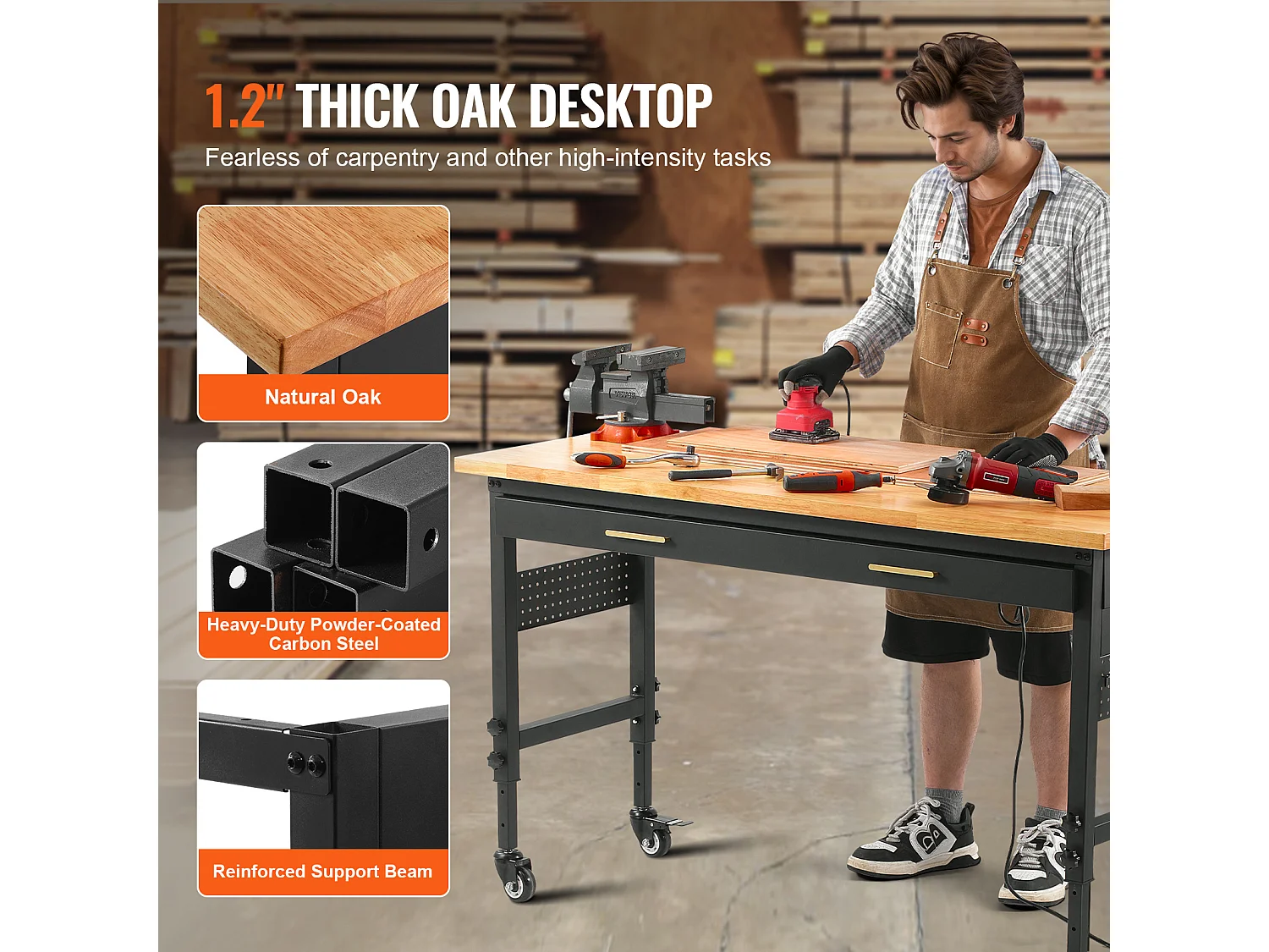 Verstellbarer Rollenarbeitsstisch SucceBuy, 152 cm, mit Steckdose und Schublade, für Büro, Haus, Garage