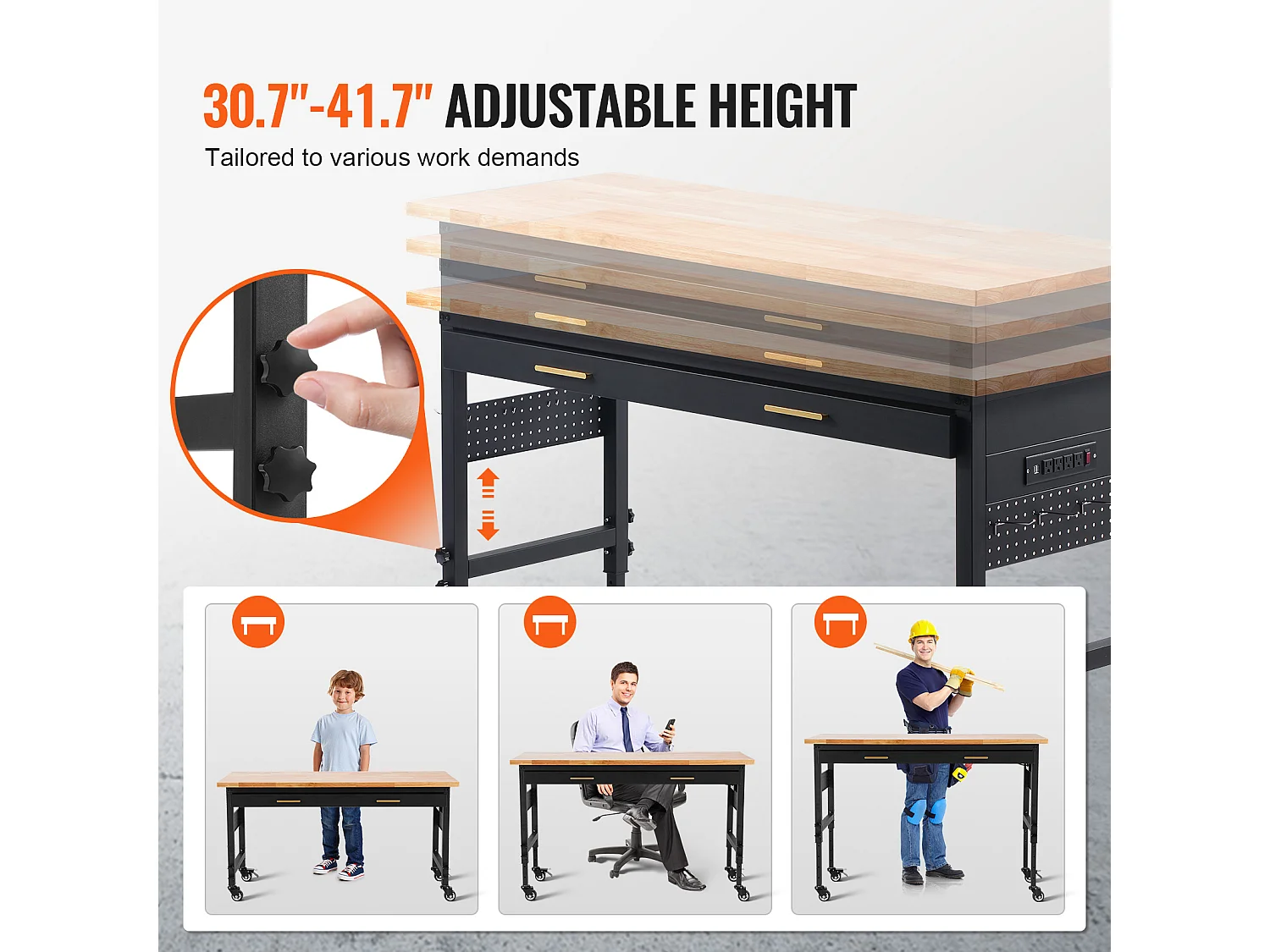 Verstellbarer Rollenarbeitsstisch SucceBuy, 152 cm, mit Steckdose und Schublade, für Büro, Haus, Garage