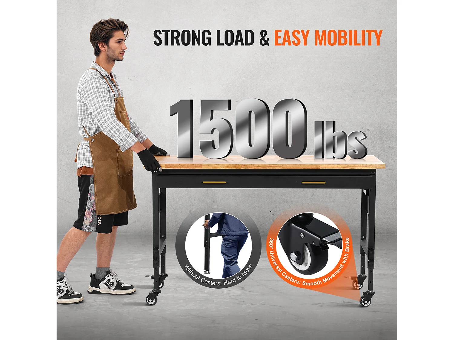 Verstellbarer Rollenarbeitsstisch SucceBuy, 152 cm, mit Steckdose und Schublade, für Büro, Haus, Garage