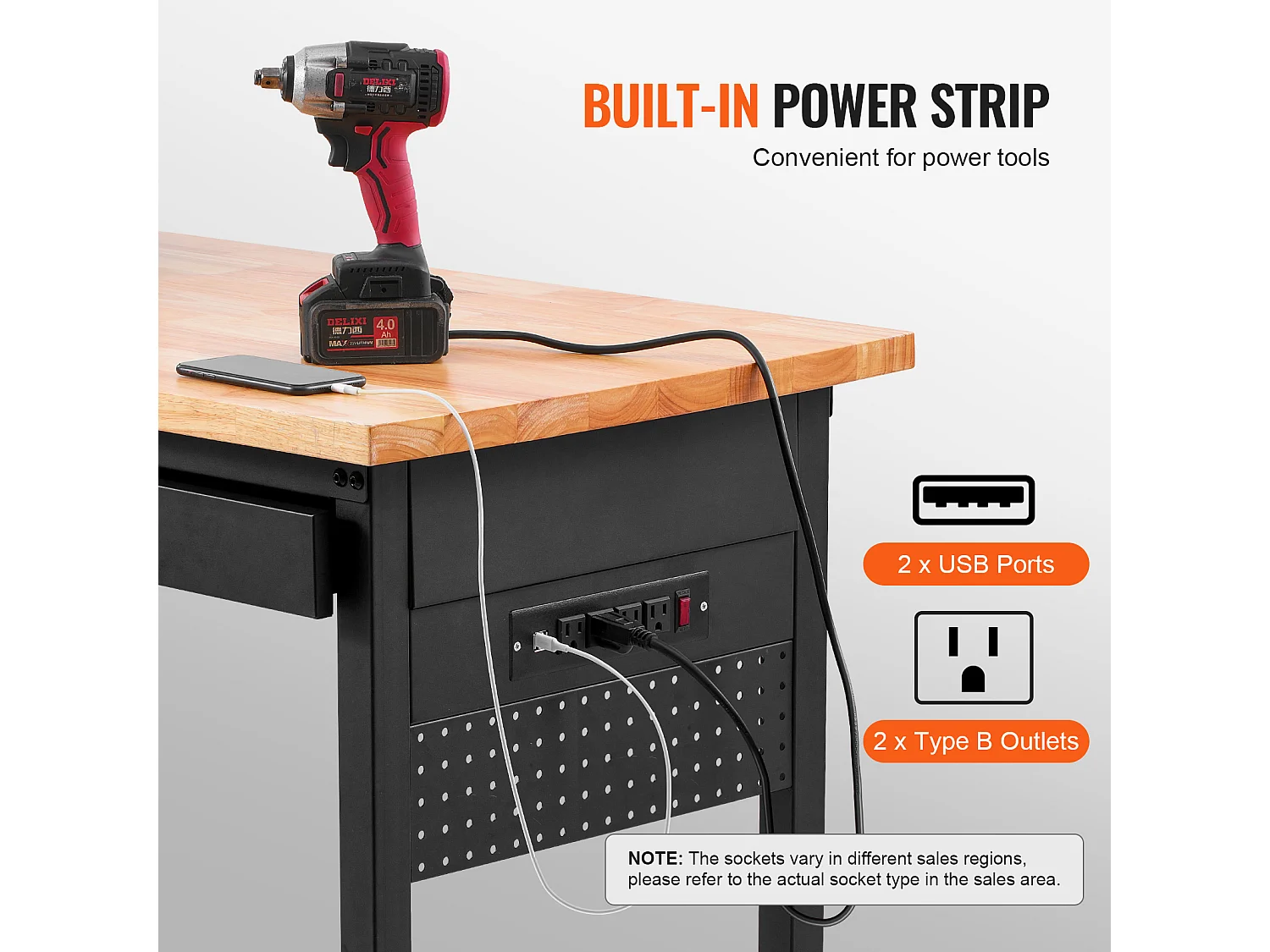 Verstellbarer Rollenarbeitsstisch SucceBuy, 152 cm, mit Steckdose und Schublade, für Büro, Haus, Garage