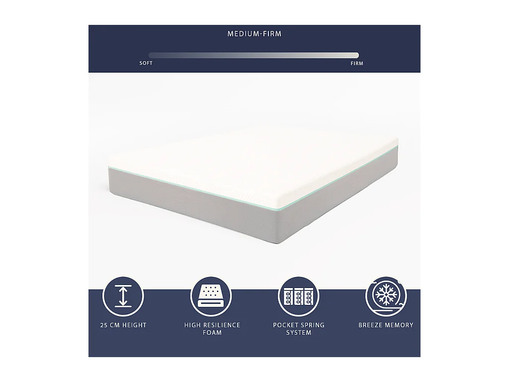Matelas double 160x190 mousse mémoire Breeze & ressorts | H 25 cm | Certif. médical classe 1 | Déhoussable
