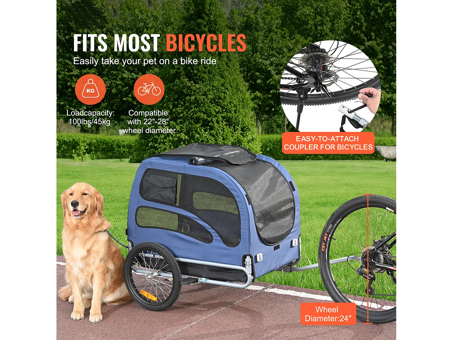Remorque pour Vélo  pour Animaux de Compagnie SucceBuy, Porte-Vélo pour Chien et Chat, Charge de 45 kg, Acier Résistant à L'eau