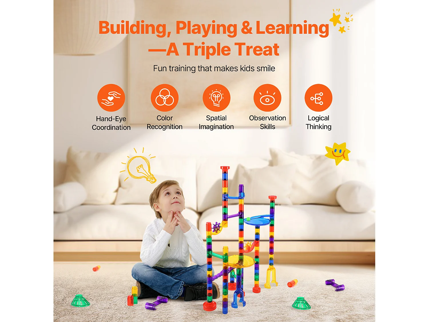 Circuit à Billes SucceBuy, 110 Pièces, 30 Billes, Jouet STEM pour Enfants de 3 Ans et Plus