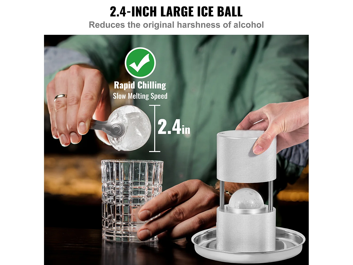 Machine à Glaçons SucceBuy 61 mm, Presse à Glaçons en Aluminium Rond pour Whisky, Argent, pour Whisky, Bourbon, Cocktail, Argent