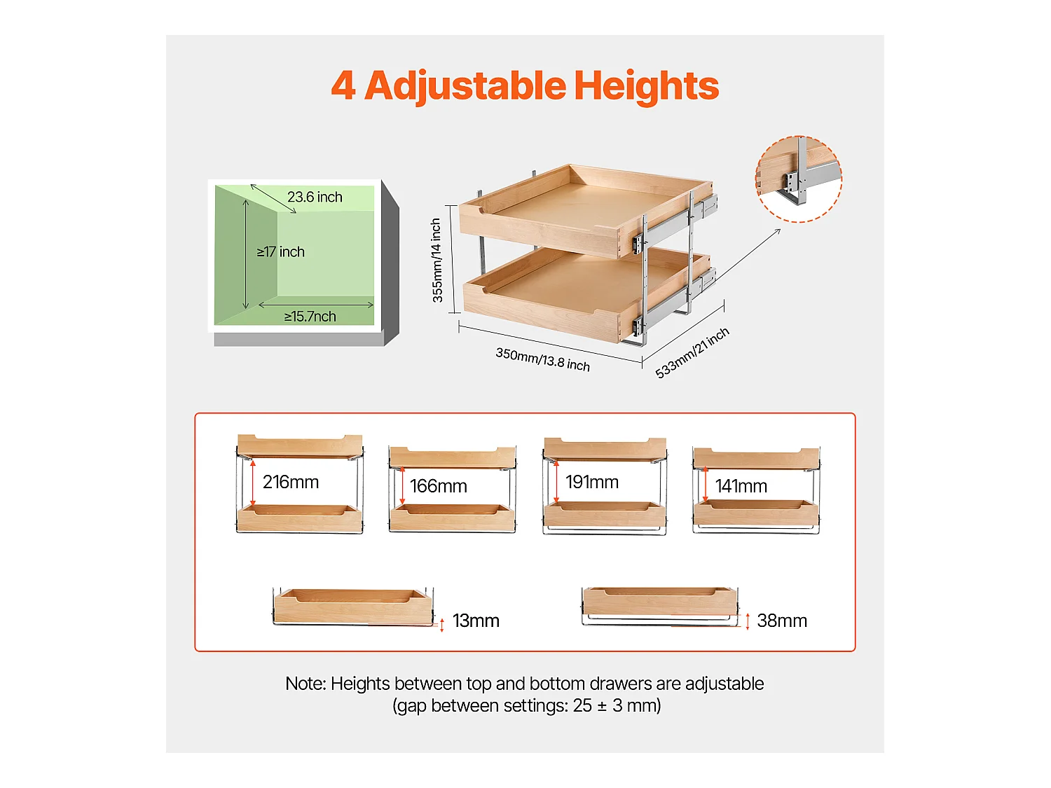 Organizador de Armario Deslizante SucceBuy 47 x 53 cm, 2 Niveles, Organizador de armario deslizante ajustable de Madera