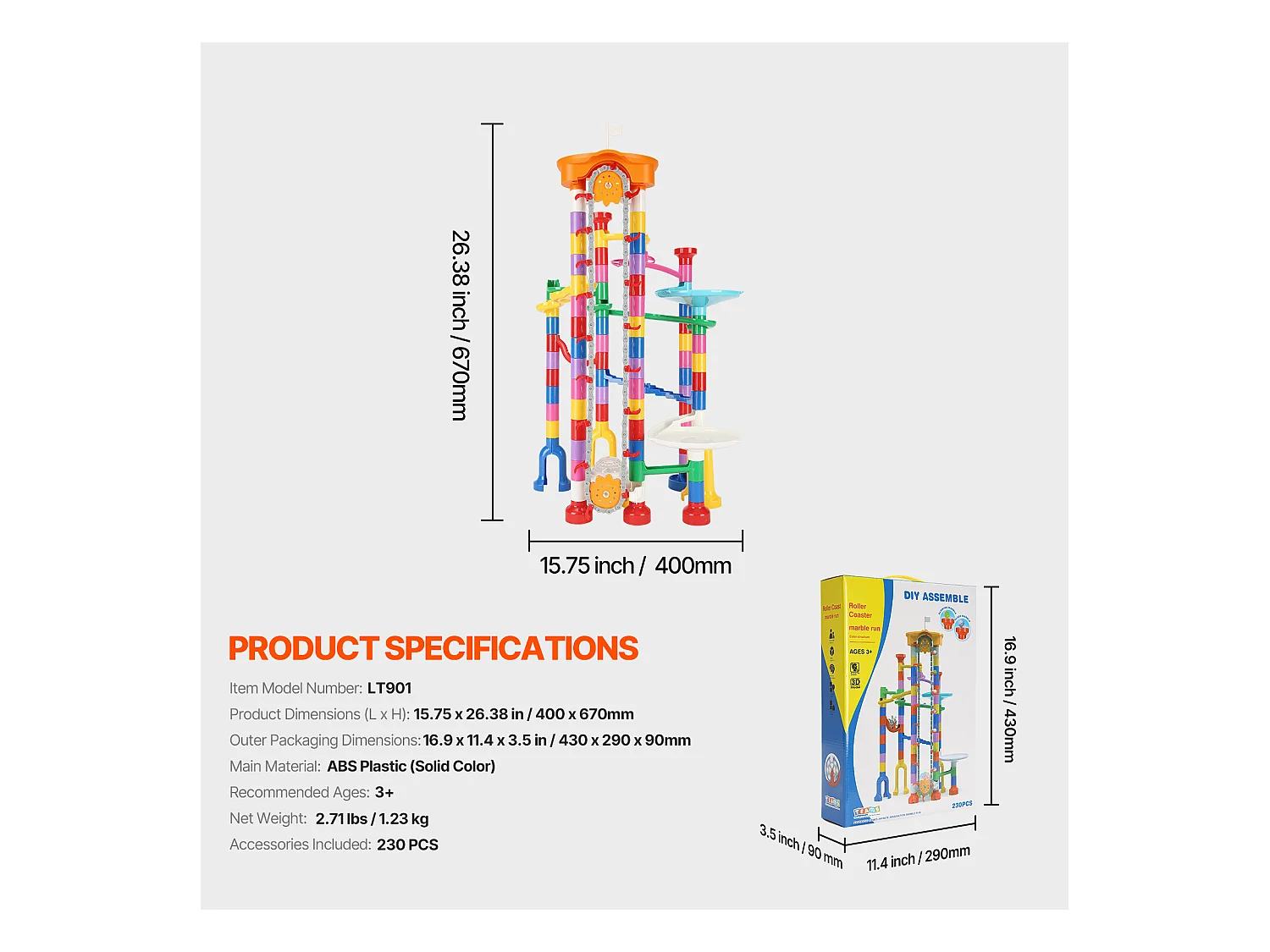 Circuit à Billes SucceBuy, 230 Pièces, Ascenseur Motorisé, Jeu de Labyrinthe Éducatif, Design Coloré