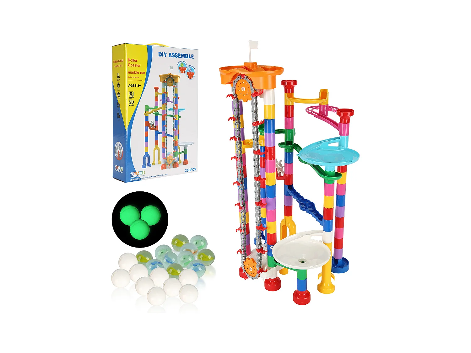 Circuit à Billes SucceBuy, 230 Pièces, Ascenseur Motorisé, Jeu de Labyrinthe Éducatif, Design Coloré