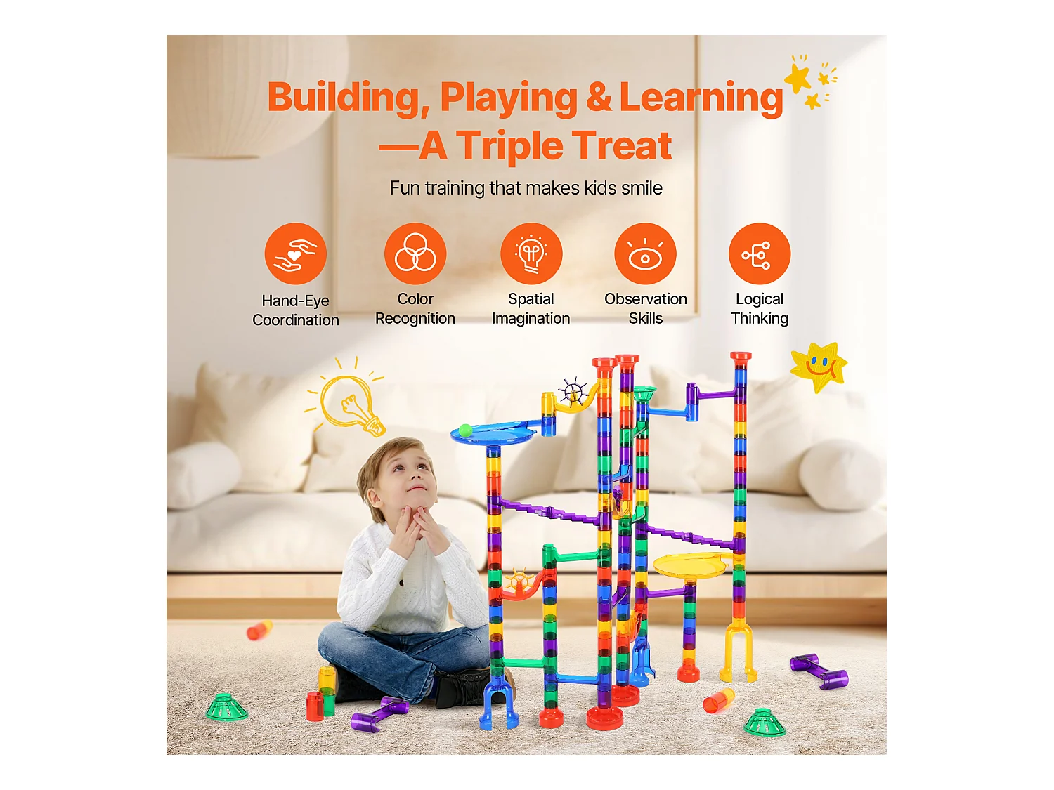 Circuit à Billes SucceBuy, 150 Pièces, 50 Billes, Jouet STEM, Blocs Éducatifs pour Enfants