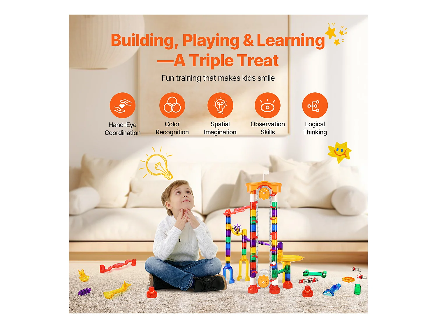 Circuit à Billes SucceBuy, 153 Pièces, 30 Billes en Plastique, Jouet STEM, Blocs Éducatifs pour Enfants