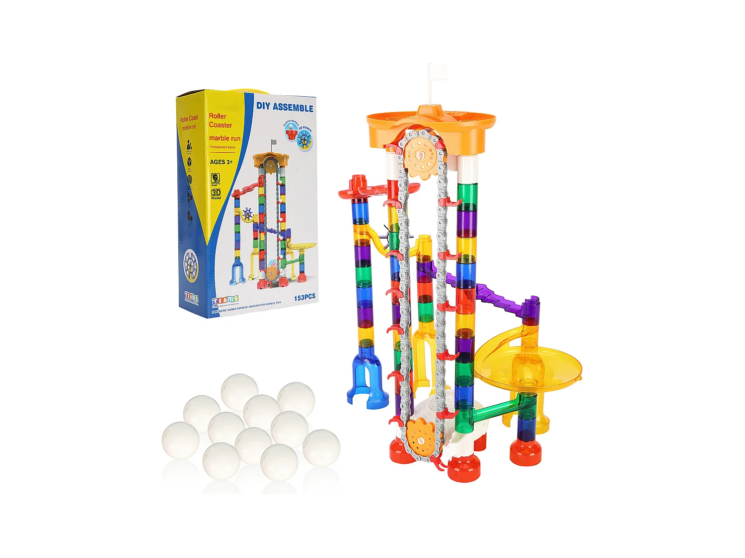 Circuit à Billes SucceBuy, 153 Pièces, 30 Billes en Plastique, Jouet STEM, Blocs Éducatifs pour Enfants