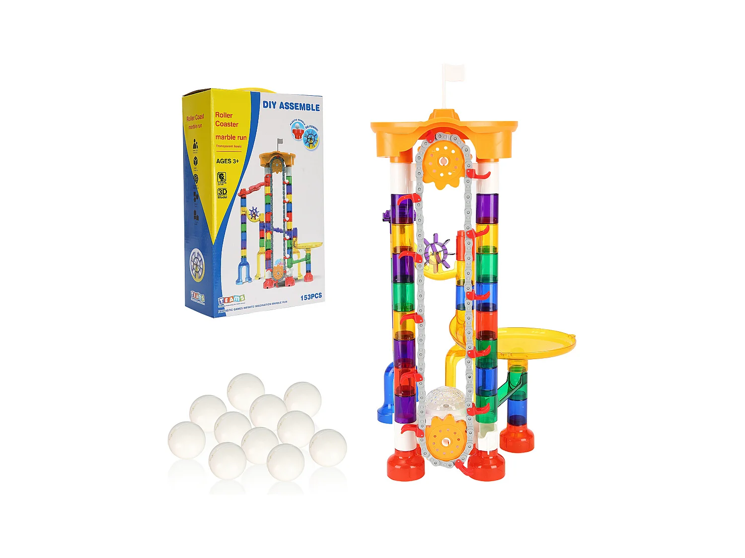 Circuit à Billes SucceBuy, 153 Pièces, 30 Billes en Plastique, Jouet STEM, Blocs Éducatifs pour Enfants