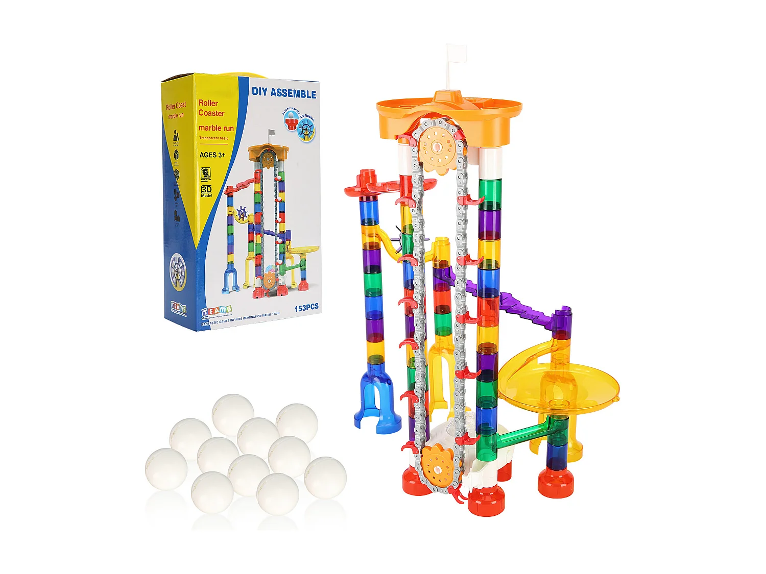 Circuit à Billes SucceBuy, 153 Pièces, 30 Billes en Plastique, Jouet STEM, Blocs Éducatifs pour Enfants