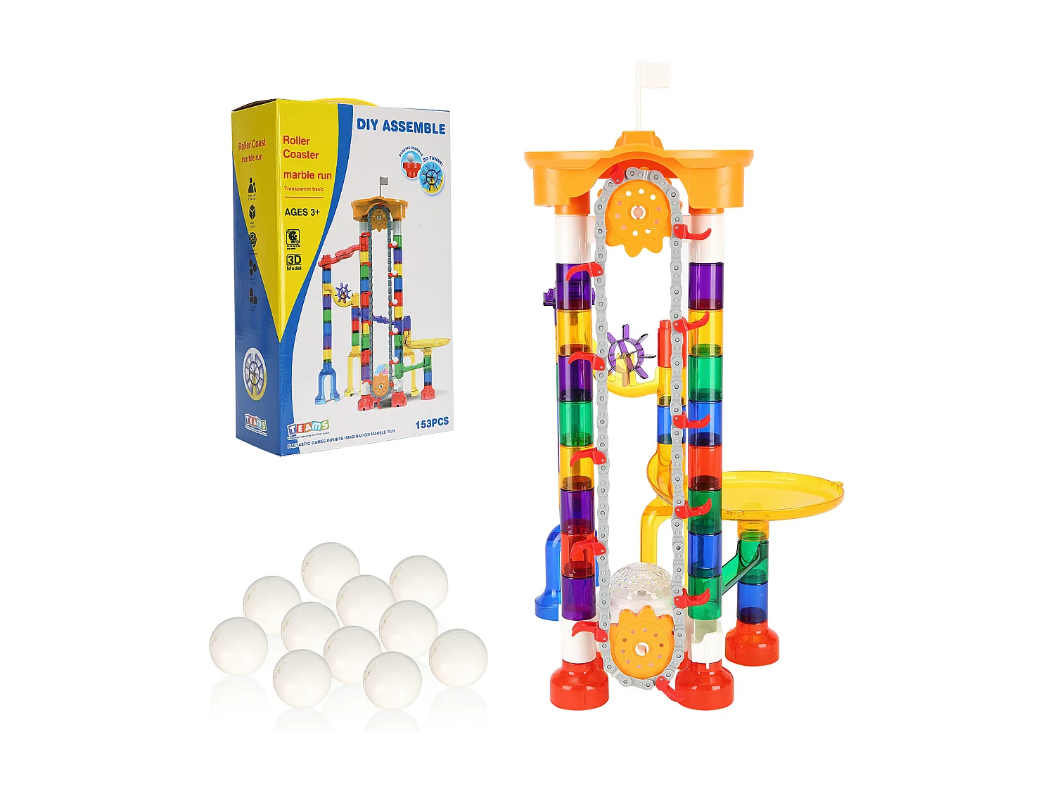 Circuit à Billes SucceBuy, 153 Pièces, 30 Billes en Plastique, Jouet STEM, Blocs Éducatifs pour Enfants