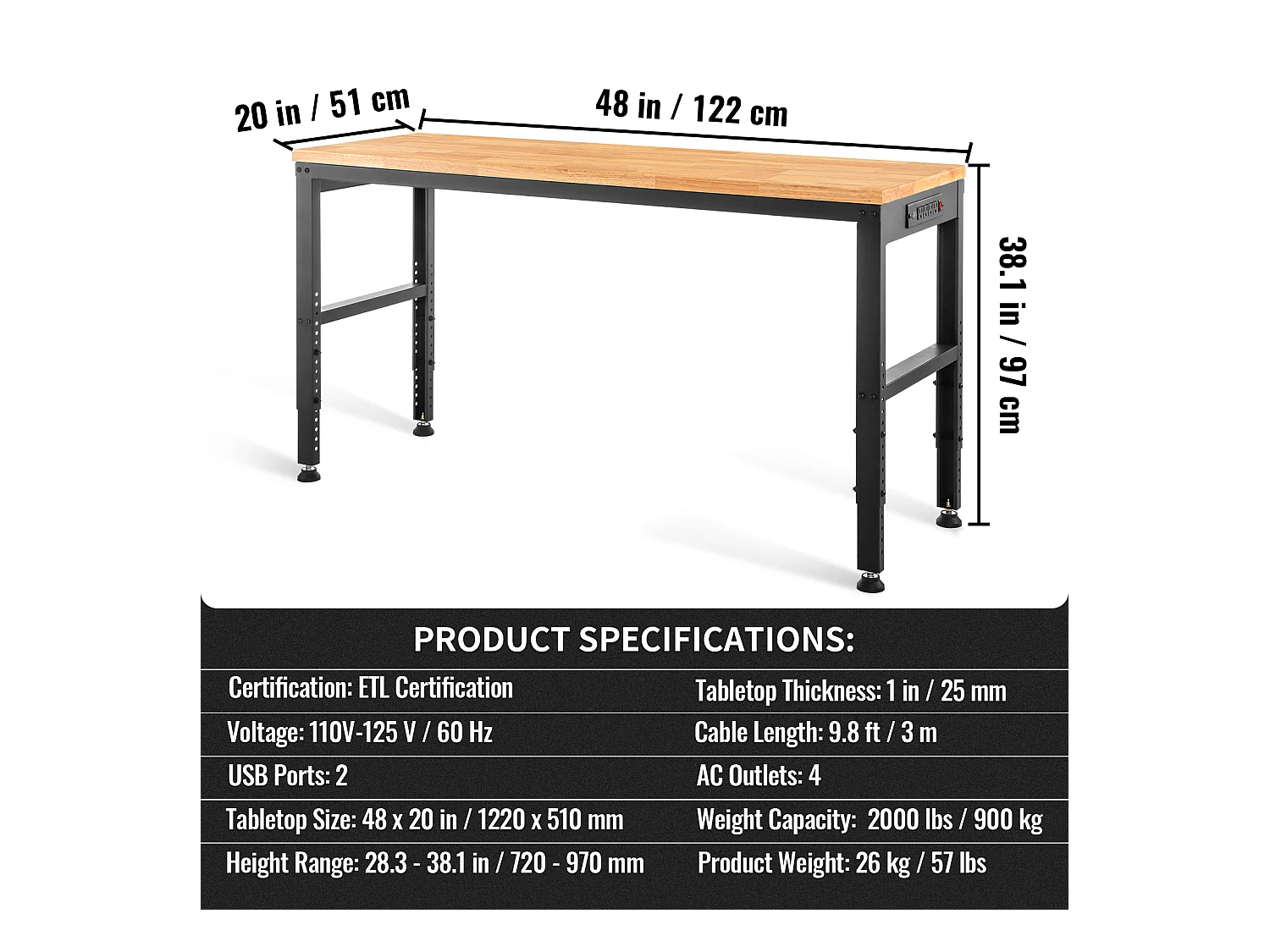 Établi Table de Travail Réglable SucceBuy, 122 x 51 cm, avec Prise de Courant, pour Bureau, Maison, Garage