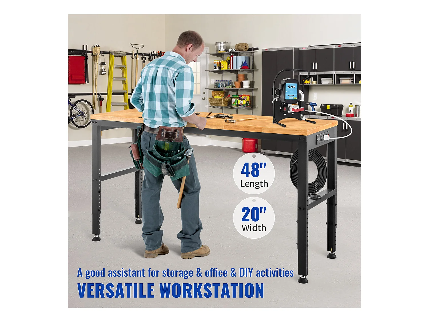 Établi Table de Travail Réglable SucceBuy, 122 x 51 cm, avec Prise de Courant, pour Bureau, Maison, Garage