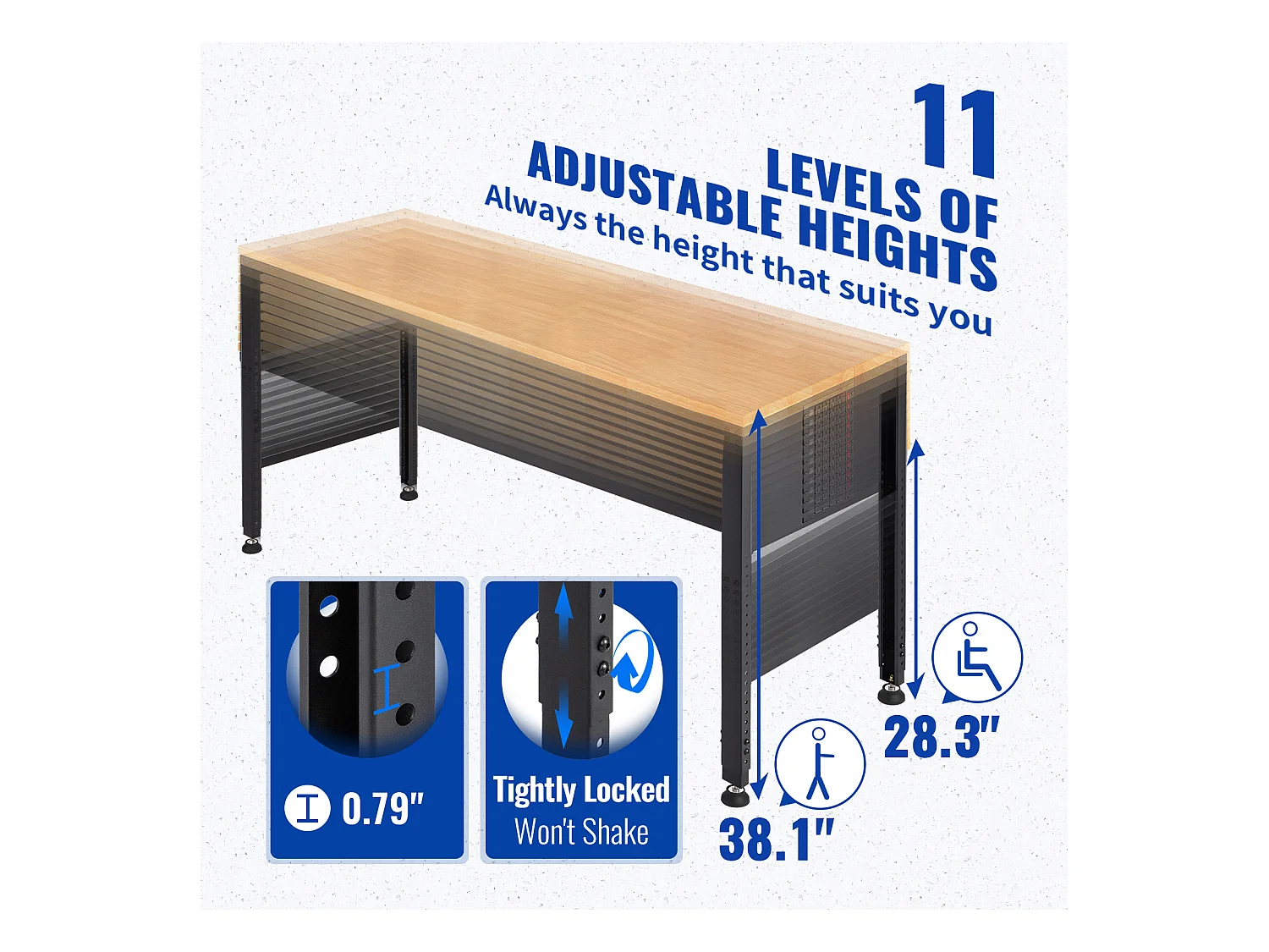 Établi Table de Travail Réglable SucceBuy, 122 x 51 cm, avec Prise de Courant, pour Bureau, Maison, Garage