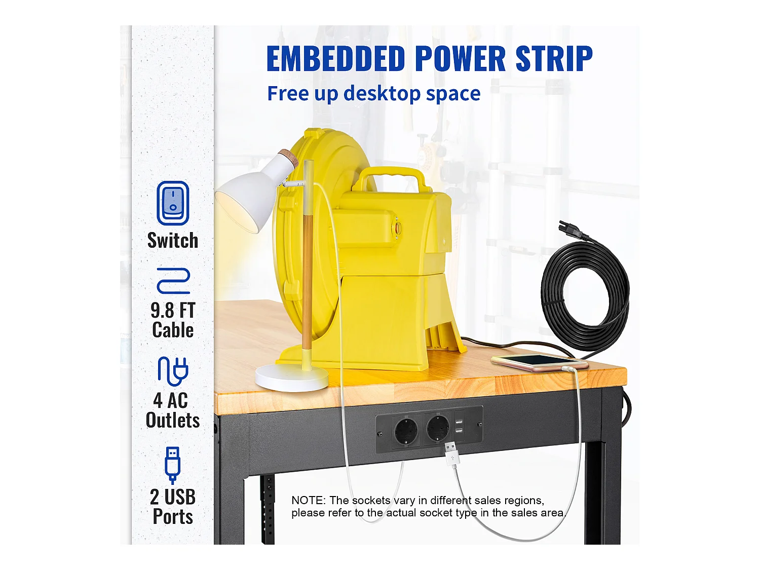 Établi Table de Travail Réglable SucceBuy, 122 x 51 cm, avec Prise de Courant, pour Bureau, Maison, Garage