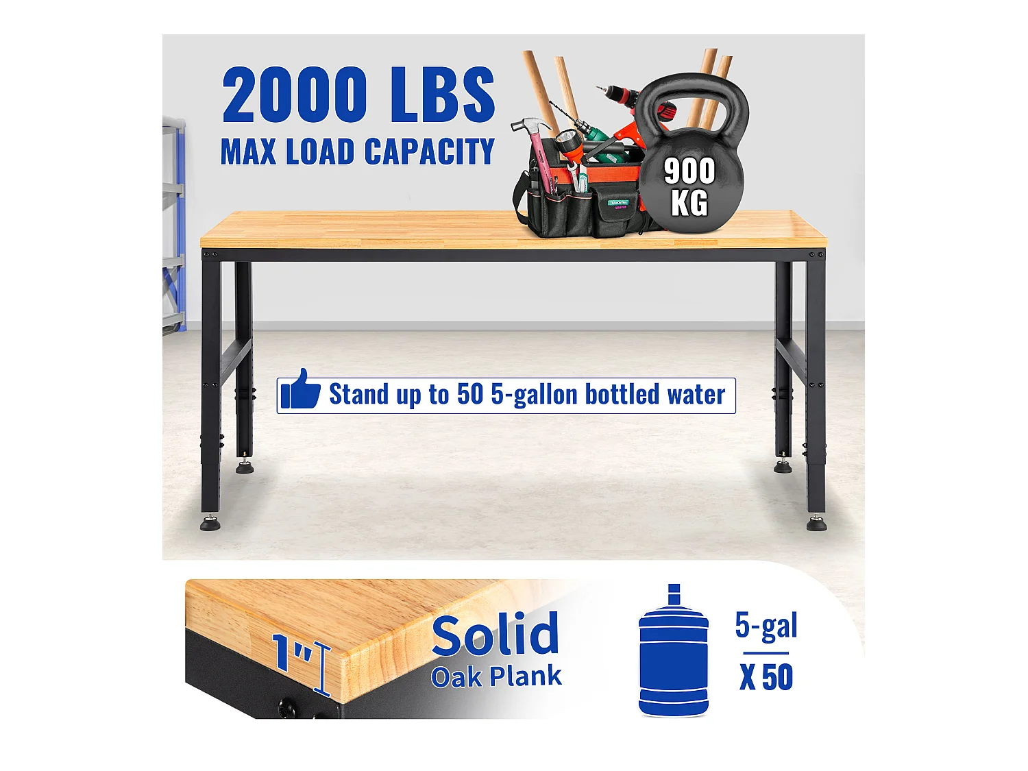 Établi Table de Travail Réglable SucceBuy, 122 x 51 cm, avec Prise de Courant, pour Bureau, Maison, Garage