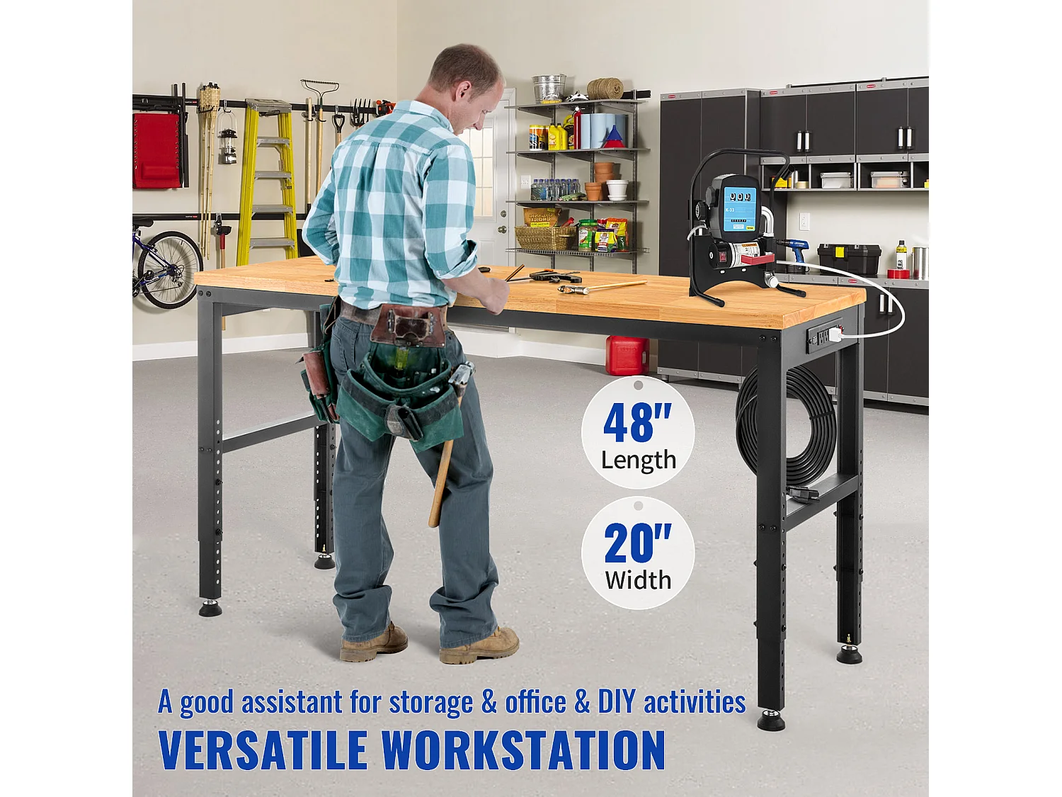 Établi Table de Travail Réglable SucceBuy, 122 x 51 cm, avec Prise de Courant, pour Bureau, Maison, Garage
