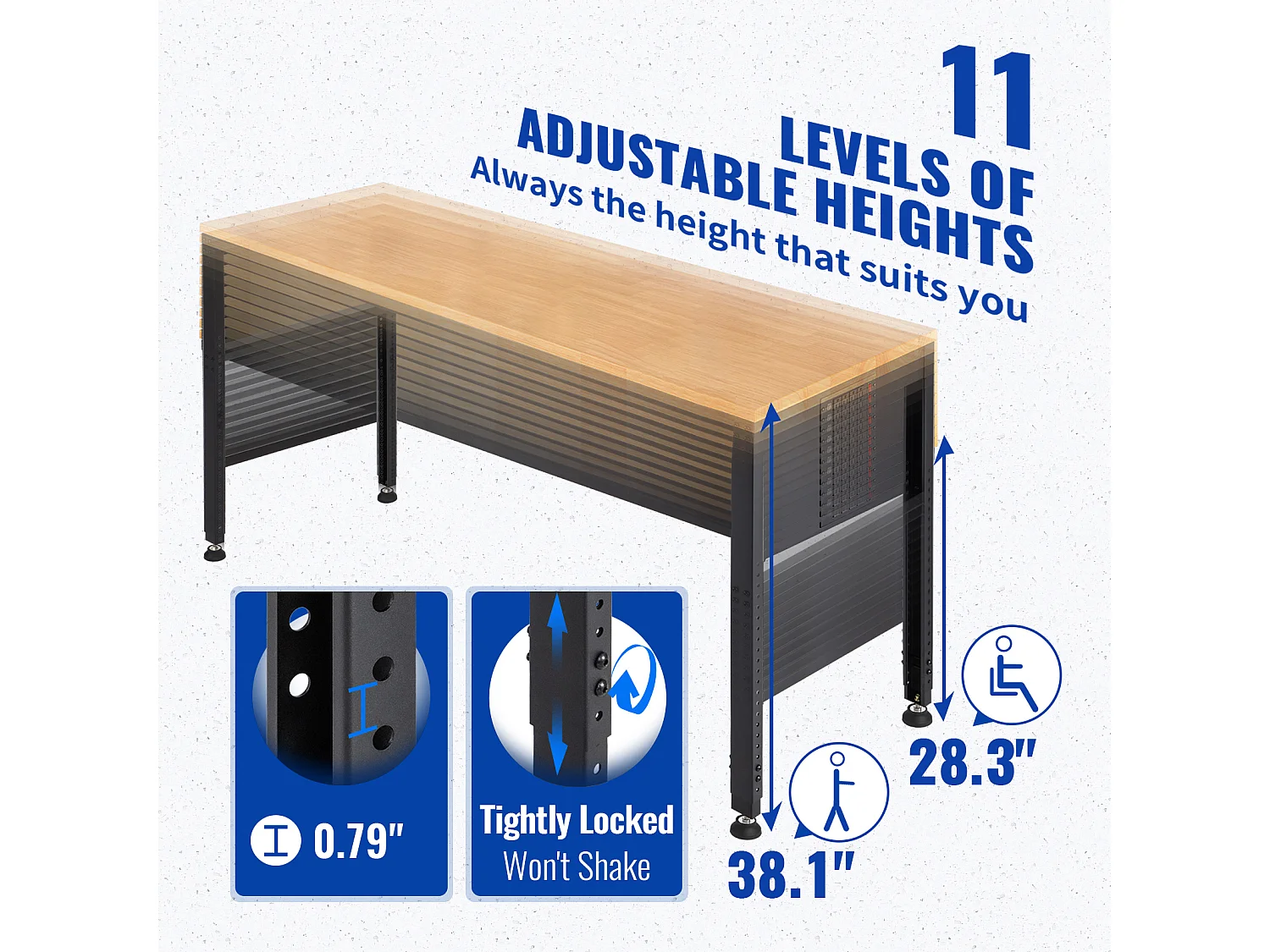 Établi Table de Travail Réglable SucceBuy, 122 x 51 cm, avec Prise de Courant, pour Bureau, Maison, Garage