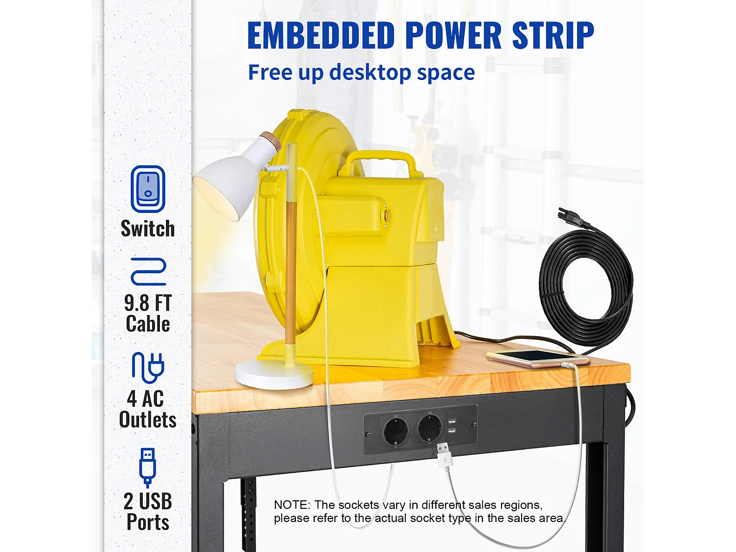 Établi Table de Travail Réglable SucceBuy, 122 x 51 cm, avec Prise de Courant, pour Bureau, Maison, Garage