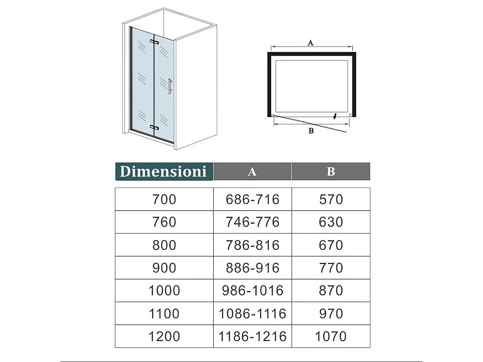 120x190cm Porta Doccia per Nicchia Apertura Battente Pieghevole in Vetro Temperato Trasparente 5 mm Anticalcare Telaio Nero Opaco