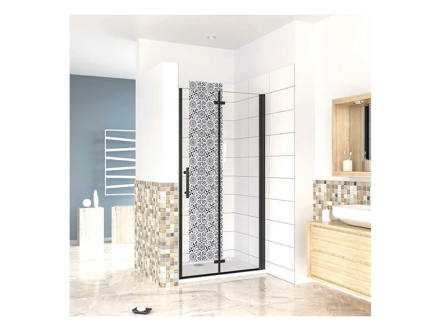 76x190cm Porta Doccia per Nicchia Apertura Battente Pieghevole in Vetro Temperato Trasparente 5 mm Anticalcare Telaio Nero Opaco