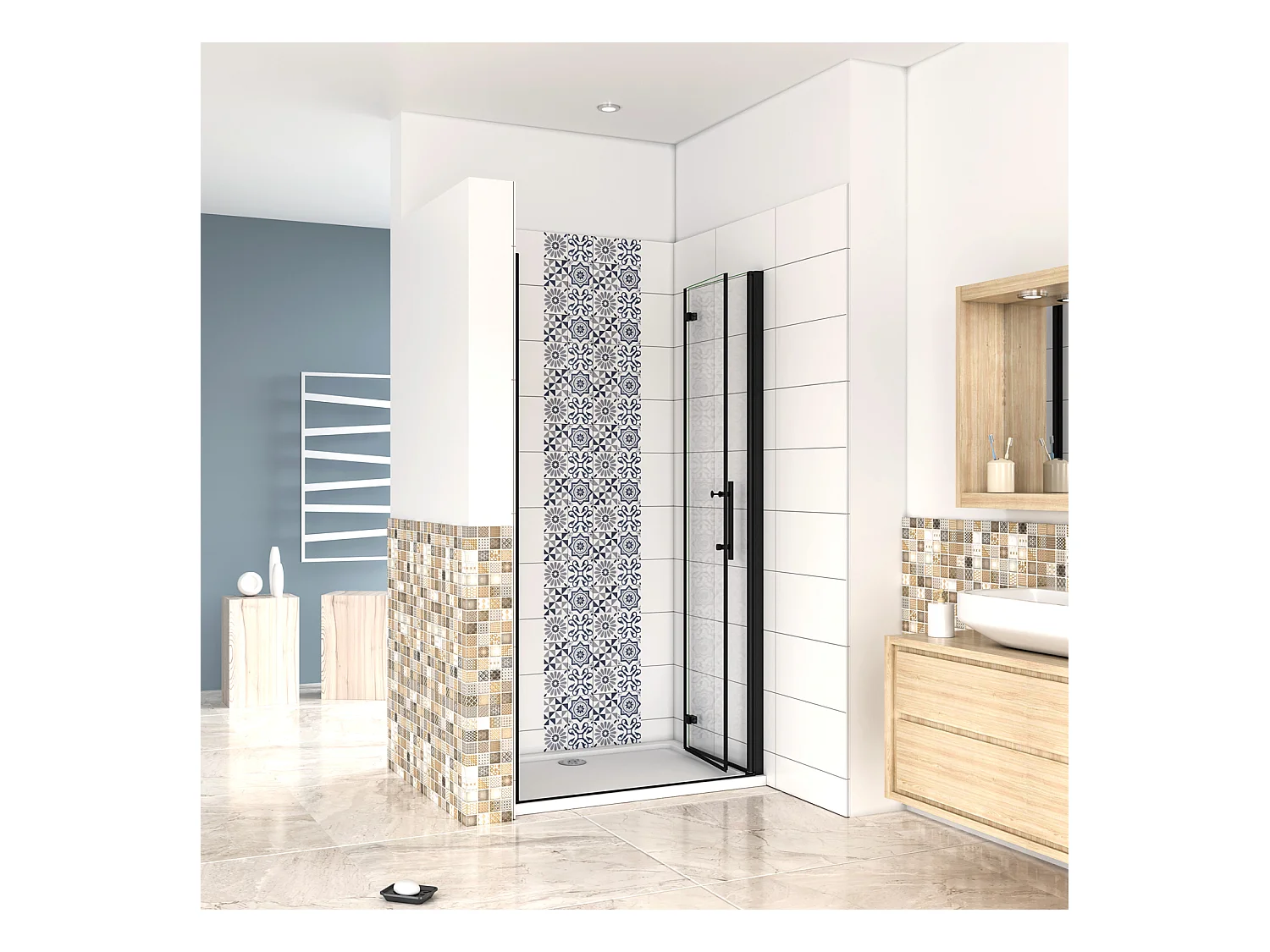 76x190cm Porta Doccia per Nicchia Apertura Battente Pieghevole in Vetro Temperato Trasparente 5 mm Anticalcare Telaio Nero Opaco