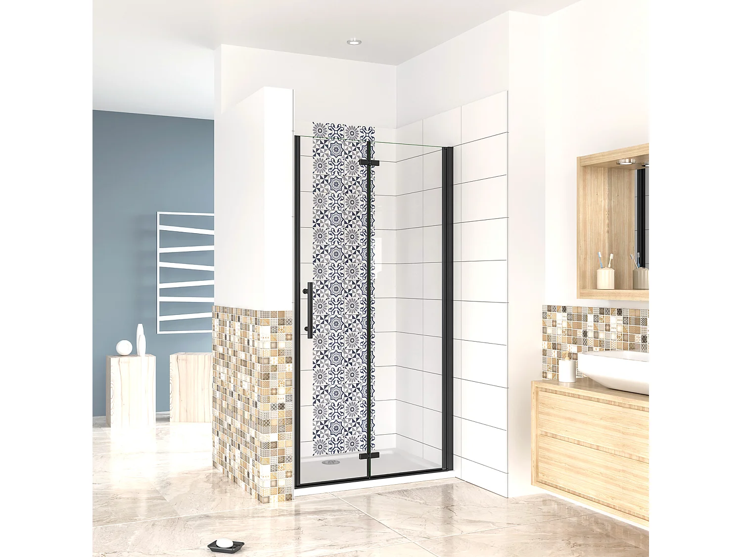 76x190cm Porta Doccia per Nicchia Apertura Battente Pieghevole in Vetro Temperato Trasparente 5 mm Anticalcare Telaio Nero Opaco