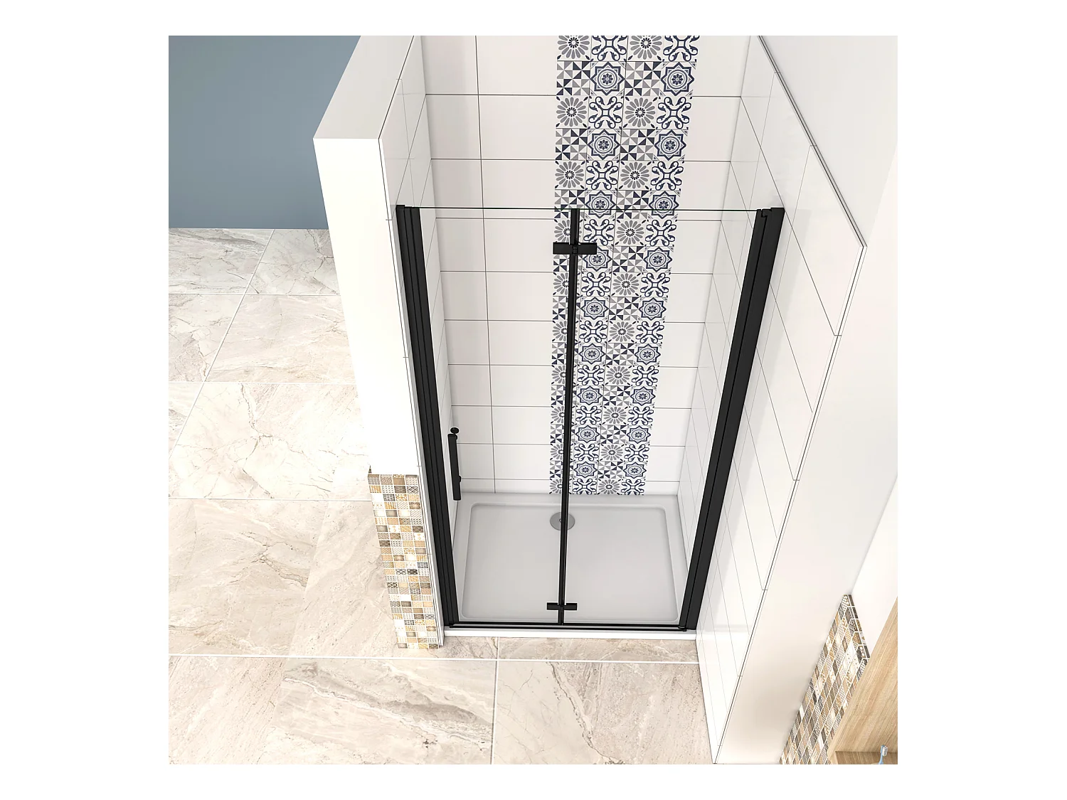 70x190cm Porta Doccia per Nicchia Apertura Battente Pieghevole in Vetro Temperato Trasparente 5 mm Anticalcare Telaio Nero Opaco