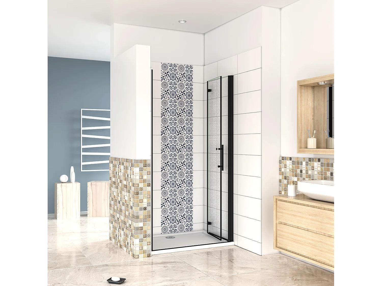 70x190cm Porta Doccia per Nicchia Apertura Battente Pieghevole in Vetro Temperato Trasparente 5 mm Anticalcare Telaio Nero Opaco