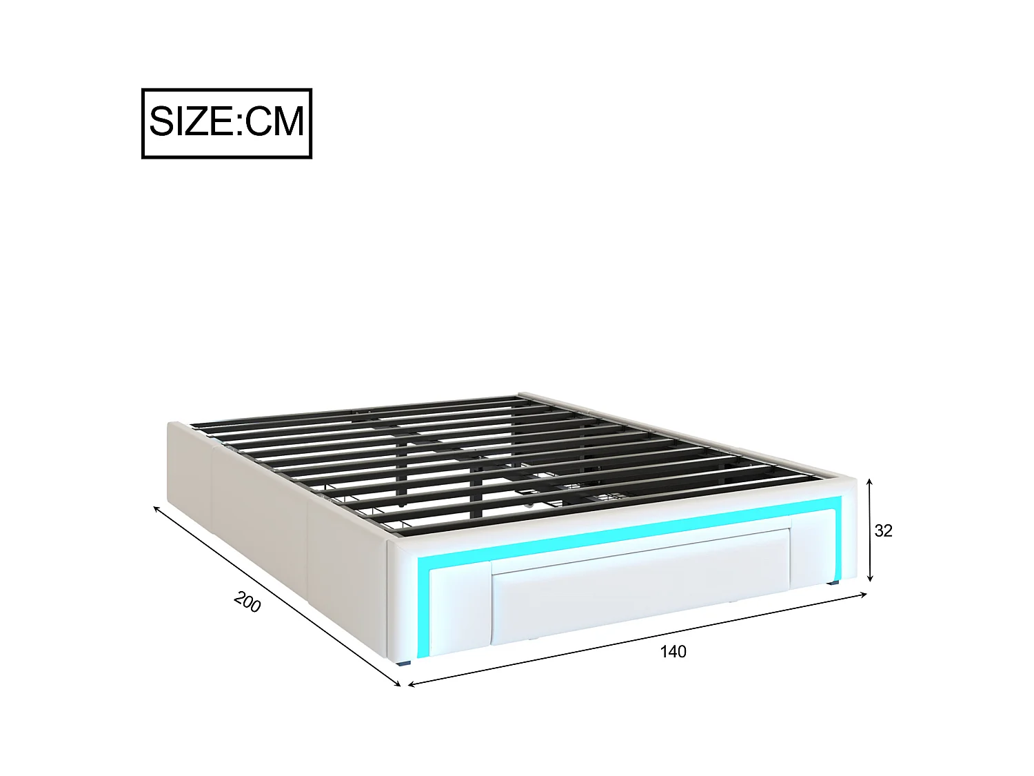 Estrutura de cama 140 x 200 cm com gavetas, LED, sem cabeceira, tecido PU, ripas de metal, bege