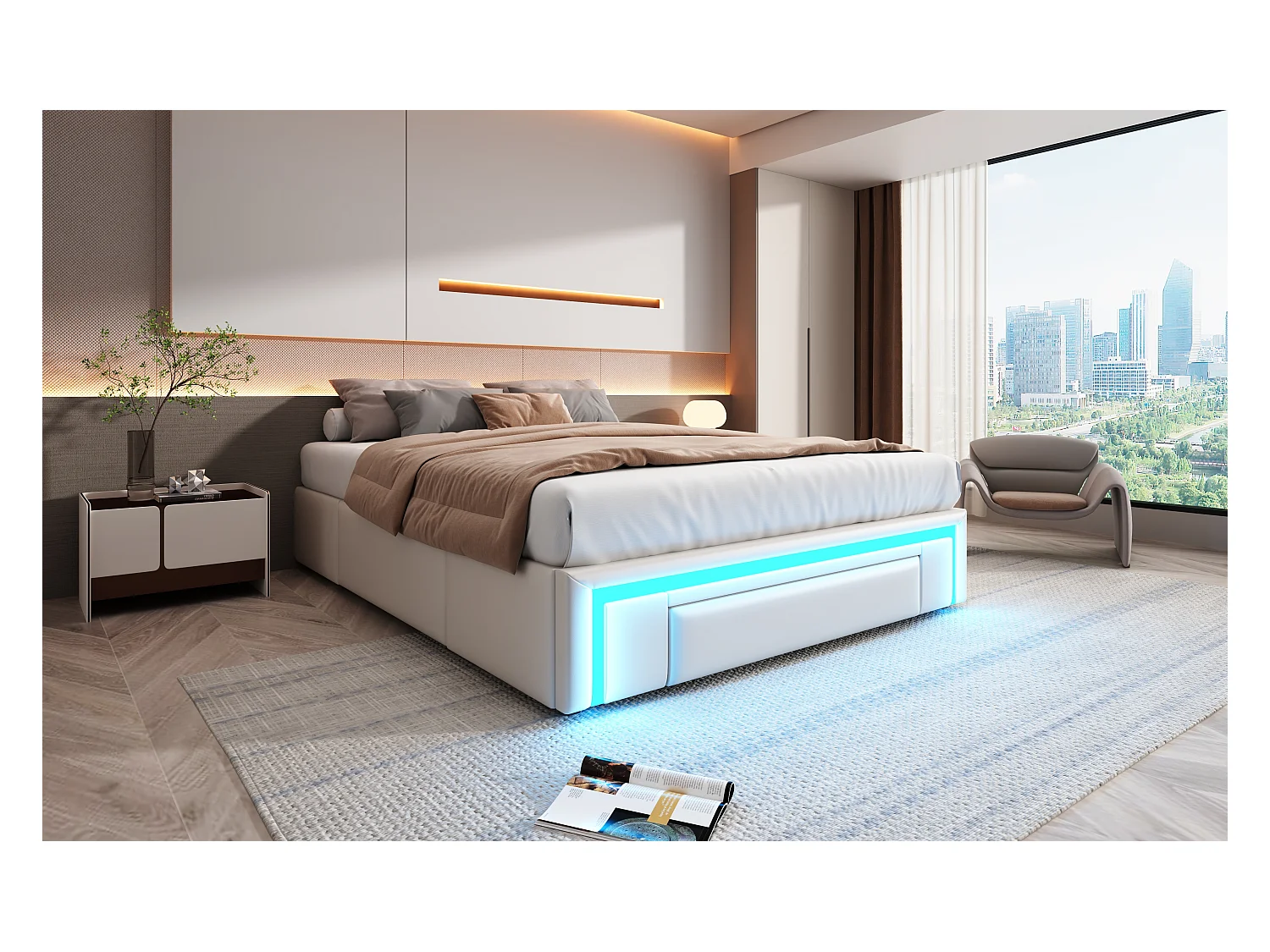 Estrutura de cama 140 x 200 cm com gavetas, LED, sem cabeceira, tecido PU, ripas de metal, bege