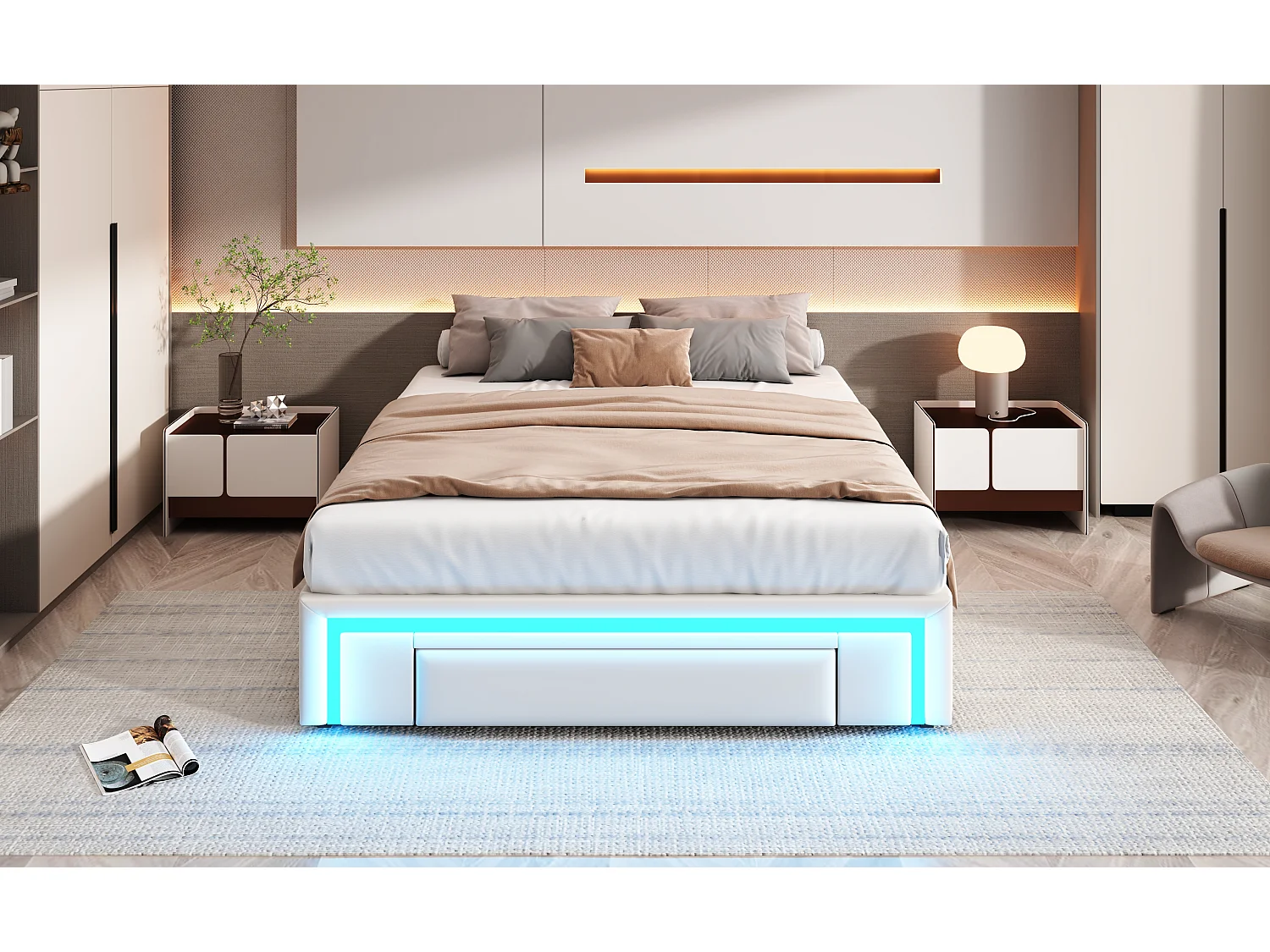 Estrutura de cama 140 x 200 cm com gavetas, LED, sem cabeceira, tecido PU, ripas de metal, bege