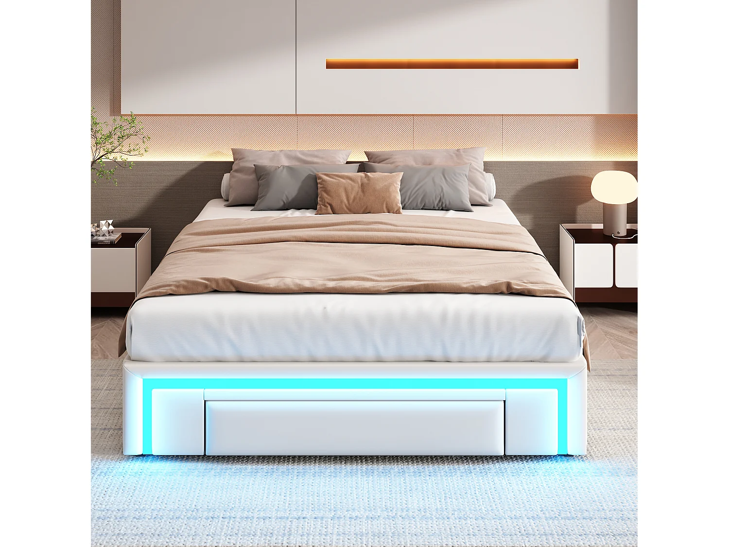 Estrutura de cama 140 x 200 cm com gavetas, LED, sem cabeceira, tecido PU, ripas de metal, bege