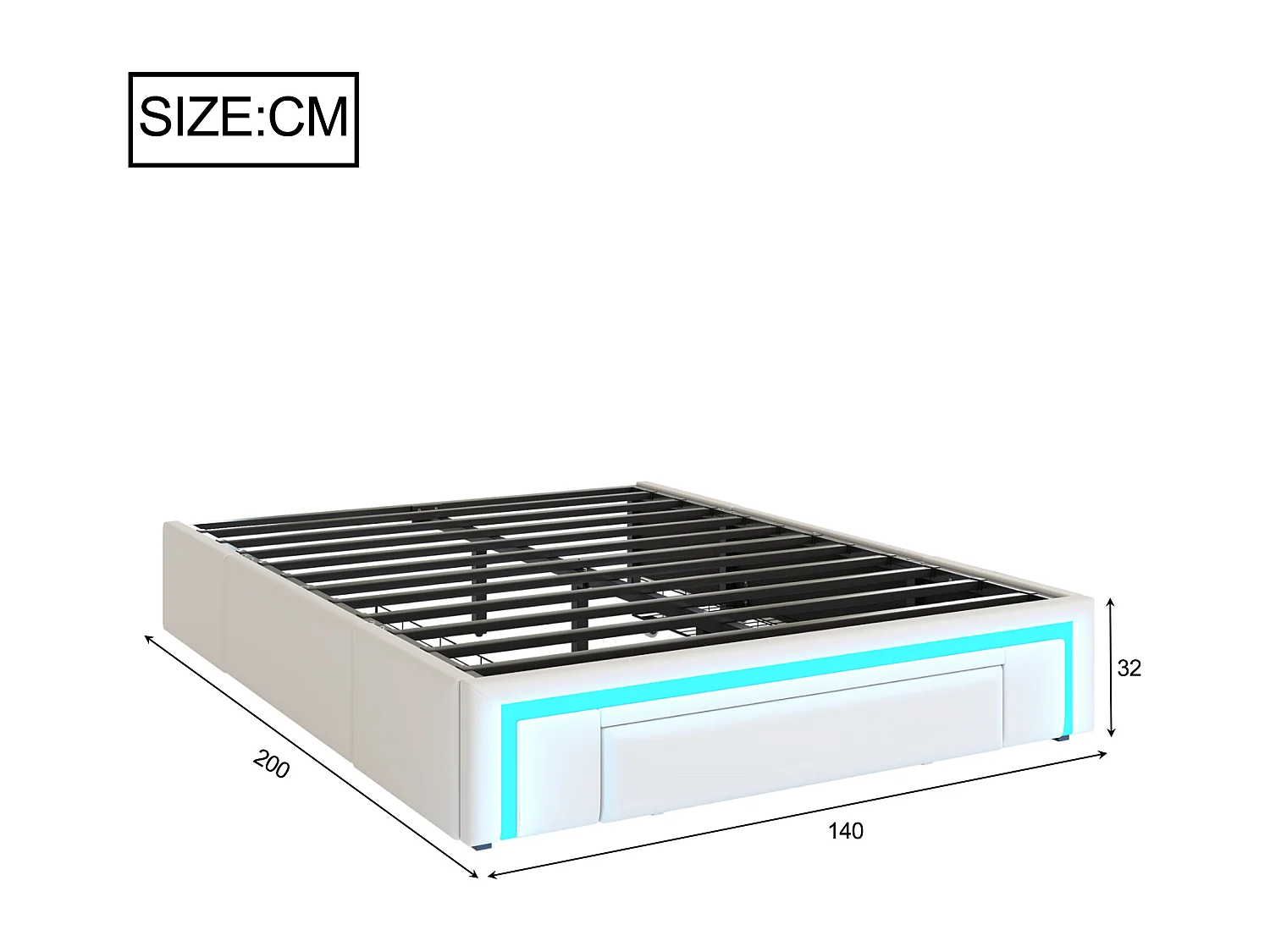 Estrutura de cama 140 x 200 cm com gavetas, LED, sem cabeceira, tecido PU, ripas de metal, bege